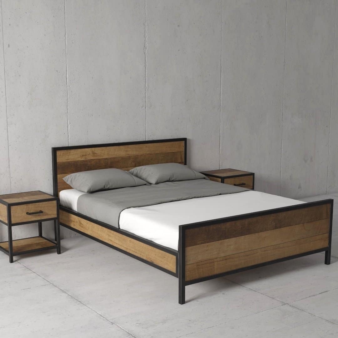 Urban Woodcraft Opus Bed - MultiColoured Teak (2) The Opus Bed is a stylish modern wooden bed with a sturdy metal frame, complemented by two grey pillows, a coordinating grey duvet, and paired with two matching wooden nightstands against a sleek plain grey wall.
