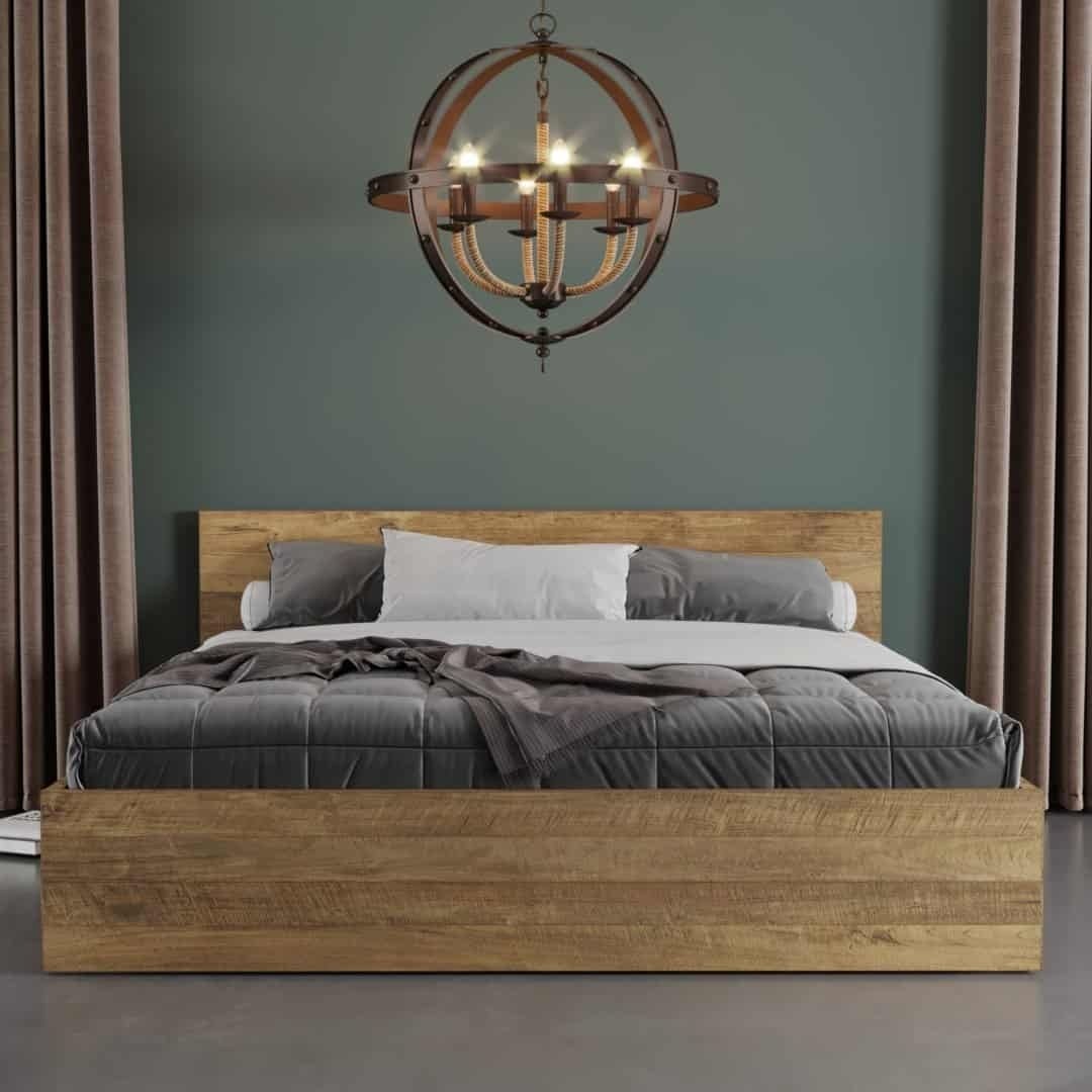 A modern bedroom showcases the Satillo Bed with a grey and white bedding set, a distinctive spherical chandelier, and floor-length curtains against a dark green wall.