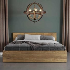 A modern bedroom showcases the Satillo Bed with a grey and white bedding set, a distinctive spherical chandelier, and floor-length curtains against a dark green wall.