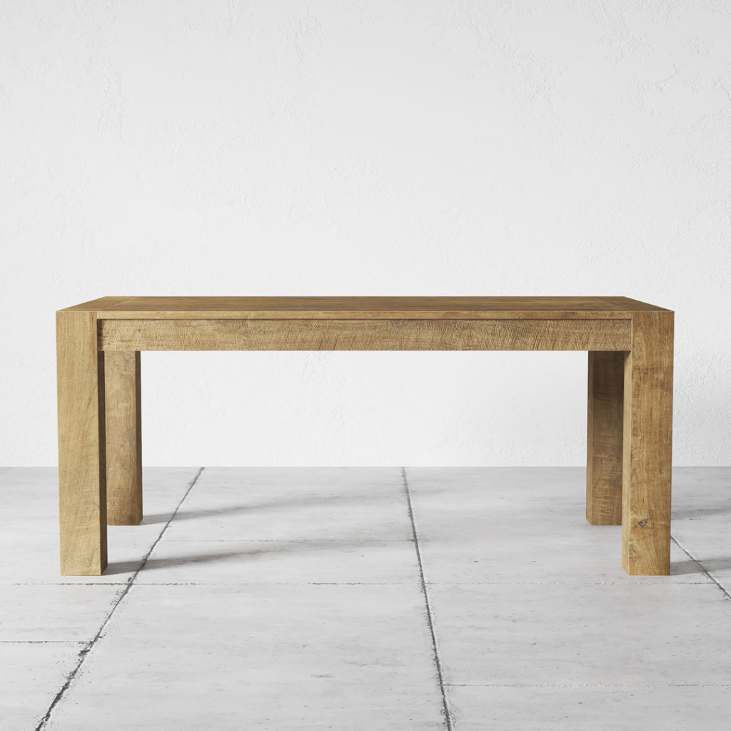 The Villa Dining Table - Natural, featuring a simple and minimalist wooden rectangular design, stands on a white tiled floor against a plain white background.