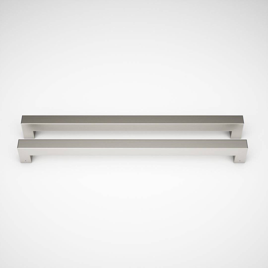 Two silver-colored metal drawer handles, resembling sleek door hardware, placed parallel to each other on a plain white background.