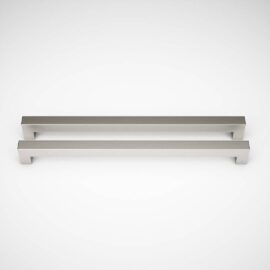 Two silver-colored metal drawer handles, resembling sleek door hardware, placed parallel to each other on a plain white background.