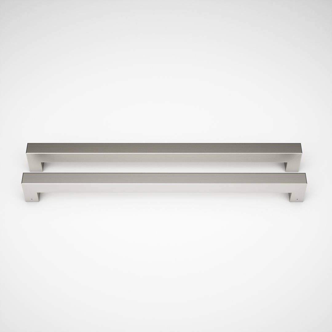 Two silver-colored metal drawer handles, resembling sleek door hardware, placed parallel to each other on a plain white background.