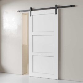 3-Panel Barn Door featuring a minimalist white design and black hardware, installed on a light-colored wall.