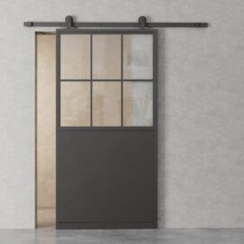 A sliding barn door with a black frame and glass panels, partially open, mounted on a light-colored wall.