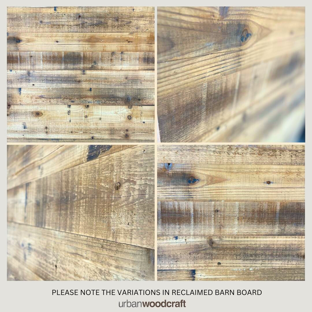 reclaimed wood (1) Close-up view of 1-Panel Barn Door (Reclaimed Wood) showcasing the diverse textures, colors, and grain patterns. Text at the bottom reads: "PLEASE NOTE THE VARIATIONS IN RECLAIMED BARN BOARD - urbanwoodcraft.