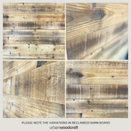 Close-up view of 1-Panel Barn Door (Reclaimed Wood) showcasing the diverse textures, colors, and grain patterns. Text at the bottom reads: "PLEASE NOTE THE VARIATIONS IN RECLAIMED BARN BOARD - urbanwoodcraft.