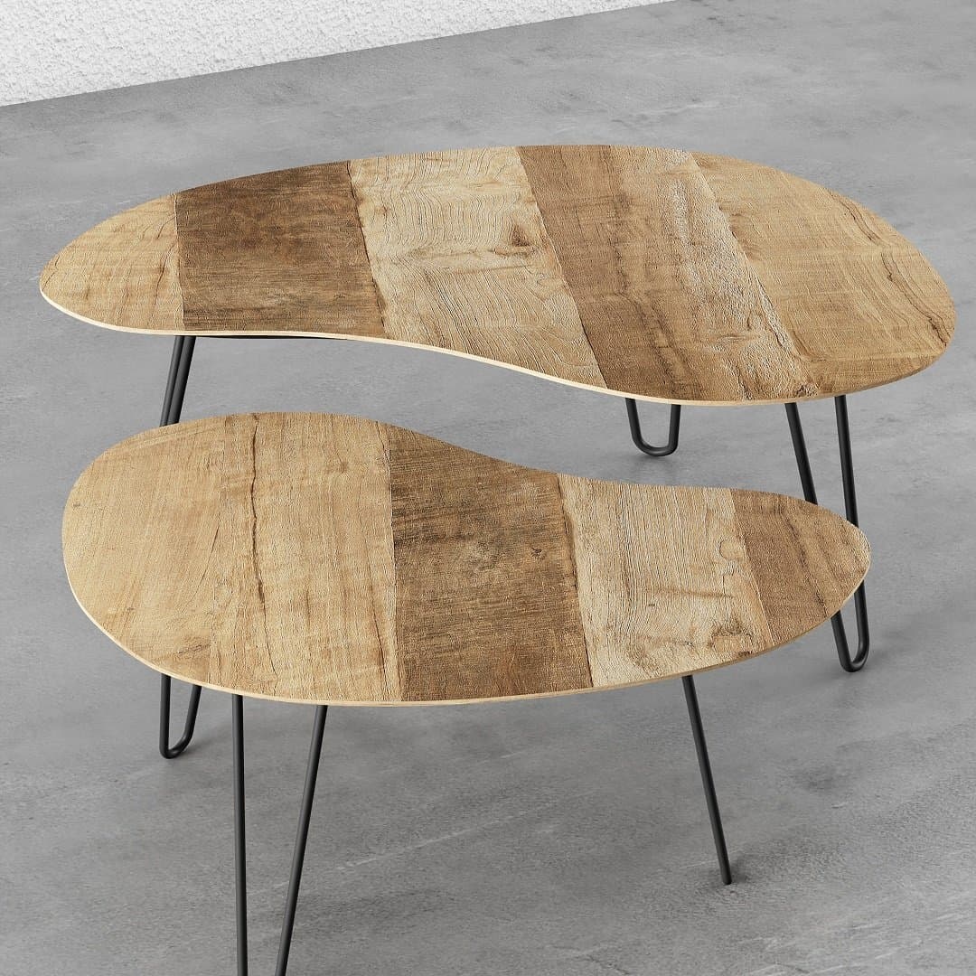 KL 021 NATURAL 2 Two pieces of the 2-Piece Organic Coffee Table with Hairpin Legs, placed on a concrete floor.