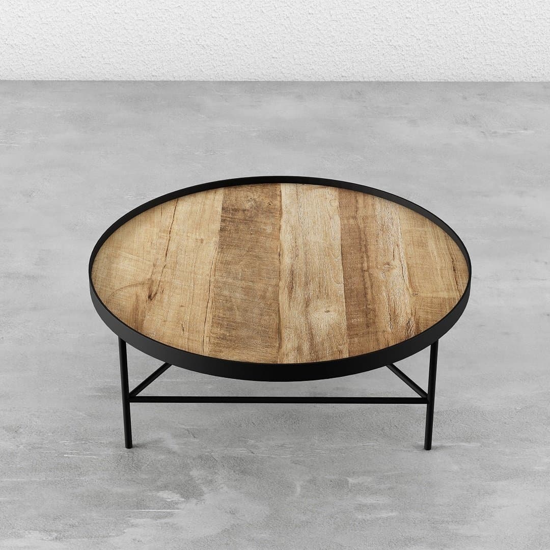 KL015 2 Round Coffee Table featuring a wooden top and black metal frame and legs, set against a concrete floor background.
