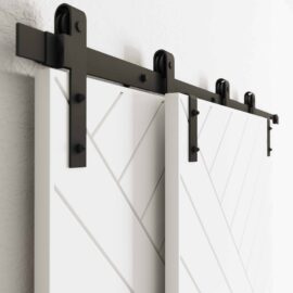 Close-up of the Single Track By-Pass system featuring two white sliding doors with a diagonal line pattern, mounted on a black metal rail against a white wall.