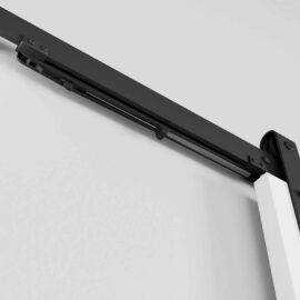 Close-up view of a Soft Close sliding door track mechanism in modern black and white, mounted on a white wall.