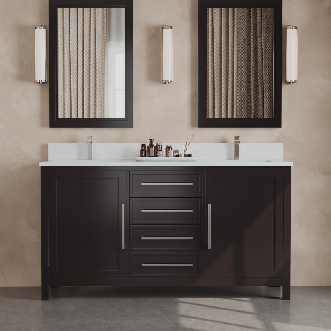 The Acadian 63" Double Sink Bathroom Vanity features dark cabinetry and silver handles. Mounted above the sinks are two large mirrors with vertical light fixtures, while various toiletries are neatly placed on the counter.