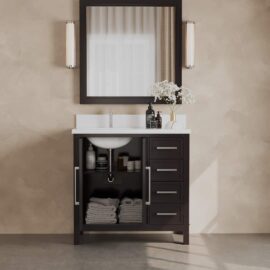 The Acadian 36" Single Sink Bathroom Vanity features a sink, faucet, and a dark wood cabinet. The cabinet includes a combination of drawers and an open shelf with neatly folded towels. Positioned above it are a large mirror and two wall lights.