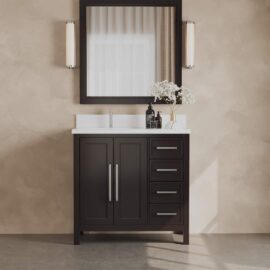 A bathroom featuring the Acadian 36" Single Sink Bathroom Vanity in dark wood, complemented by a pristine white countertop, a large mirror, dual lights, a sleek faucet, and an arrangement of white decorative flowers in a vase.