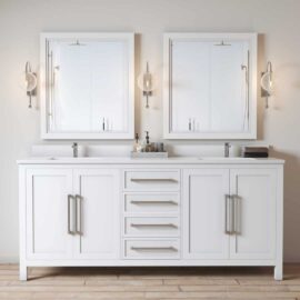 The Acadian 72" Double Sink Bathroom Vanity features a white double vanity with two mirrors, four central drawers, and built-in sinks. It is complemented by wall-mounted round light fixtures on either side of the mirrors, set on a wooden floor with minimalist decor.