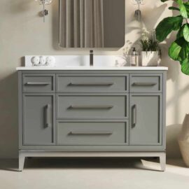 The Barrington 48" Single Sink Bathroom Vanity is a modern gray vanity featuring six drawers, an under-mount sink, a rectangular mirror, and decorative plants on the countertop.