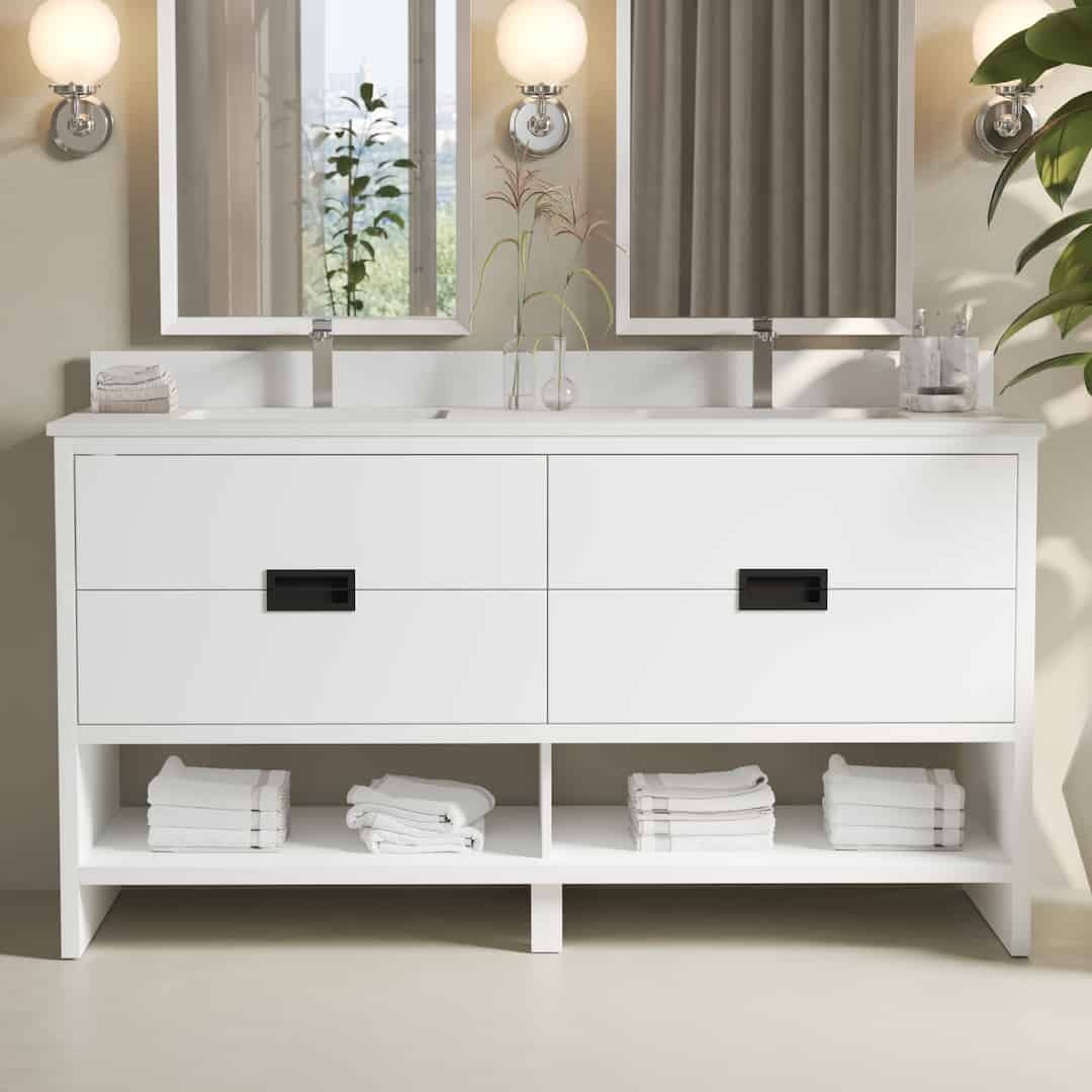 The Delamere 63" Single Sink Bathroom Vanity features a contemporary design with dual mirrors, two drawers with sleek black handles, and an open shelf underneath that neatly holds folded white towels.