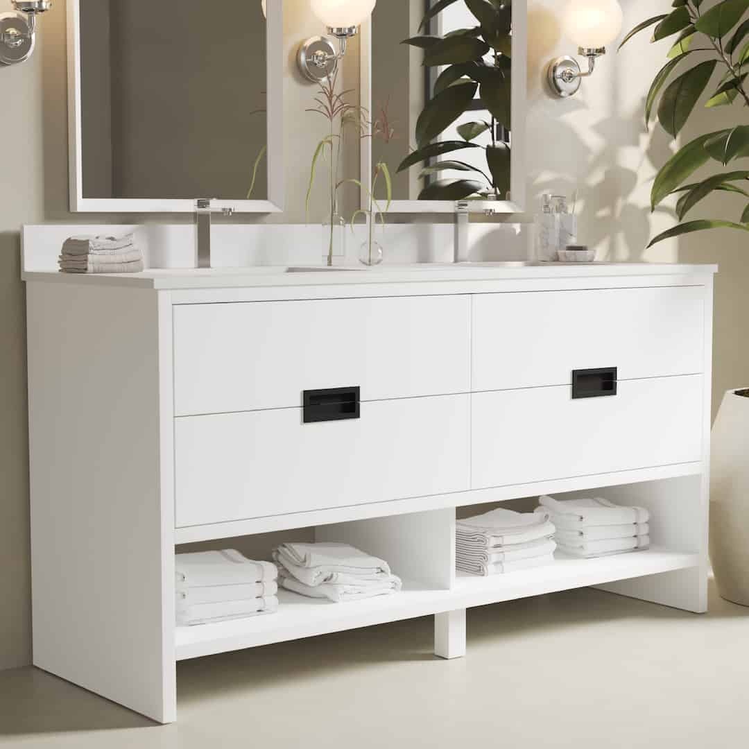 Delamere 63" Single Sink Bathroom Vanity in modern white, featuring a large mirror, four drawers, two open shelves with neatly folded towels, and complemented by silver wall-mounted lamps.