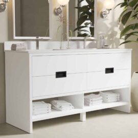Delamere 63" Single Sink Bathroom Vanity in modern white, featuring a large mirror, four drawers, two open shelves with neatly folded towels, and complemented by silver wall-mounted lamps.
