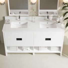 A tidy Delamere 63" single sink bathroom vanity with white countertops and cabinets, neatly organized towels, soap dispensers, and a potted plant, under two mirrors and light fixtures.