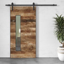 The Lucas 83" x 40" Reclaimed Wood Arrow Barn Door with a vertical glass panel is mounted on a black metal rail. A potted plant is placed to the right of the door against a white wall.