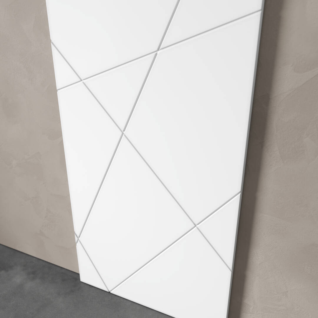 Urban Woodcraft Klaus 40in Geometric Barn Door White 3 A Klaus 83" x 40" Geometric Barn Door, featuring intersecting diagonal lines creating geometric shapes, mounted on a beige wall.