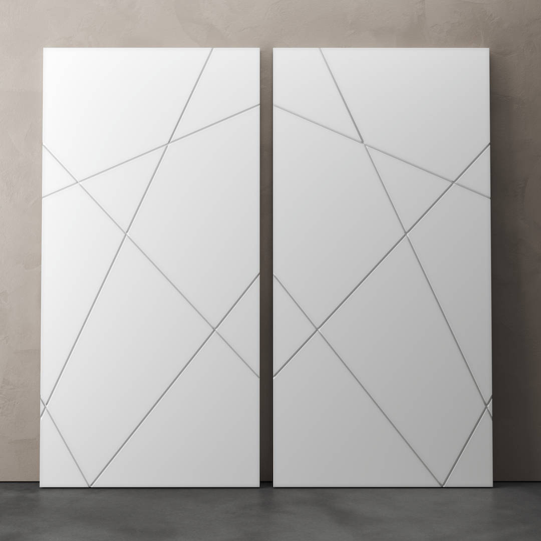 Urban Woodcraft Klaus 40in Geometric Barn Door White 4 Two Klaus 83" x 40" Geometric Barn Doors with intersecting diagonal lines are positioned side by side against a plain wall on a concrete floor.