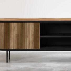 The Bolivar 2 Shelf TV Stand boasts a modern design with a blend of wooden elements and a sleek black metal frame. It features vertical wooden slats on the left side that conceal storage space, while the right side offers open shelving. The stand is supported by four sturdy black legs.