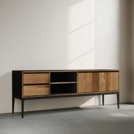 The Kolt 60" 2 Shelf TV Stand, featuring a sleek modern wooden design with three drawers, two open shelves, and two cabinet doors, stands against a light wall casting a shadow on the concrete floor.