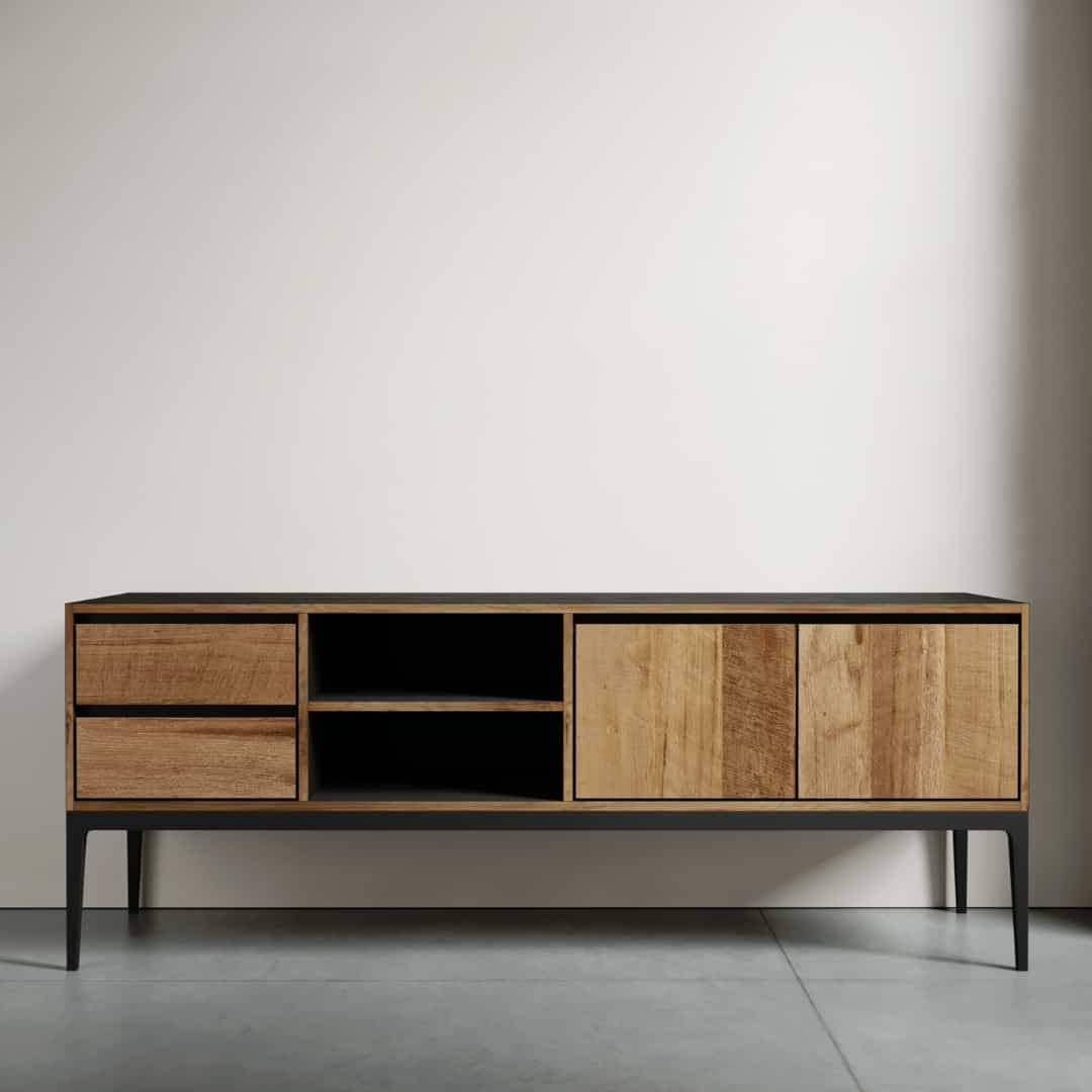 The Kolt 60" 2 Shelf TV Stand, featuring two drawers, two open shelves, and a cabinet with double doors, is elevated on black metal legs and set against a white wall.