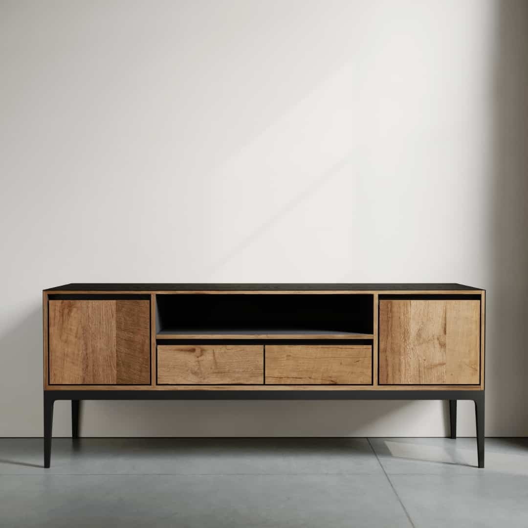 The Kolt 60" Wide TV Stand, a modern wooden piece with black metal legs, stands elegantly against a plain light-colored wall. It features two cabinets, two drawers, and an open central shelf.