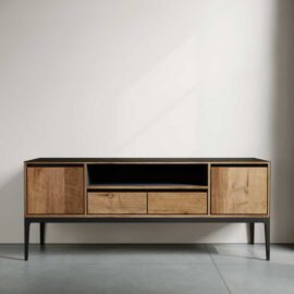 The Kolt 60" Wide TV Stand, a modern wooden piece with black metal legs, stands elegantly against a plain light-colored wall. It features two cabinets, two drawers, and an open central shelf.