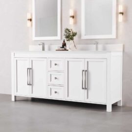 The Belluno 72" Double Sink Vanity features a modern design with a sleek double white sink, two expansive mirrors, elegant silver hardware, and two wall-mounted lights. The countertop is adorned with a small plant and a soap dispenser, enhancing the sophisticated look. The vanity is complemented by a stylish gray floor.