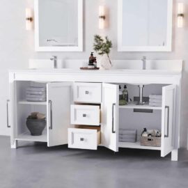 The Belluno 72" Double Sink Vanity boasts white cabinets with open doors that reveal neatly folded towels, a potted plant, and essential bathroom items. Above the vanity, two sinks are flanked by mirrors and illuminated by wall-mounted lights.