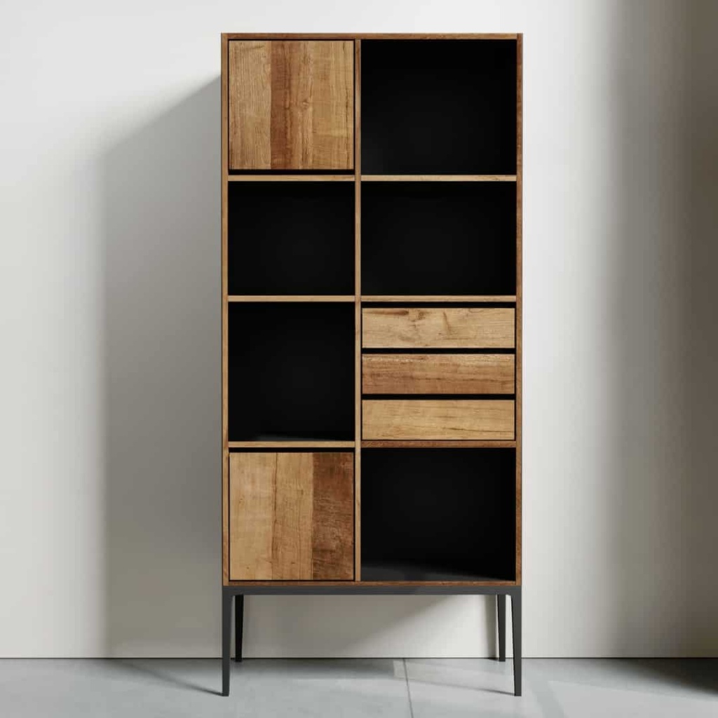 The Kolt Tall Display is a sleek wooden cabinet with a minimalist design, featuring two closed doors, two drawers, and several open shelves. It stands on slim metal legs and is set against a plain backdrop.
