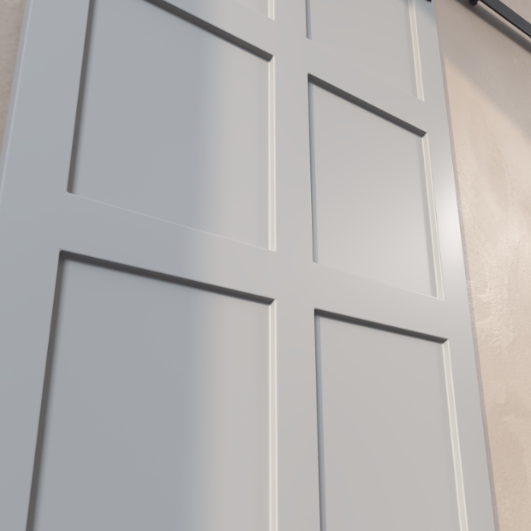 Close-up of an 8-Panel Barn Door in light grey with a smooth finish, partially open against a beige wall. The door has six rectangular sections and is mounted on a sliding track.