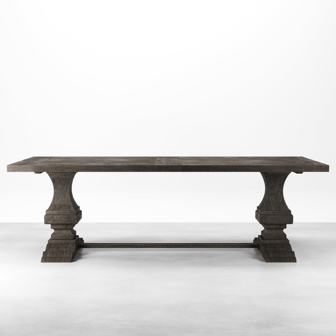 The Castello Dining Table - Café Noire is a rectangular wooden dining table with a dark finish, featuring two pedestal legs connected by a horizontal support beam. The table is set on a plain, white background.