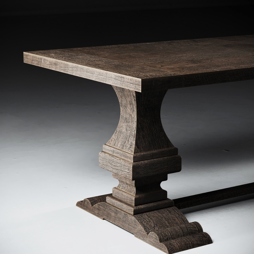 CASTELLO DINING TABLE - Cafe Noire Finish - 3 Close-up view of the Castello Dining Table - Café Noire, showcasing its ornate, carved pedestal base against a smooth, gradient background.
