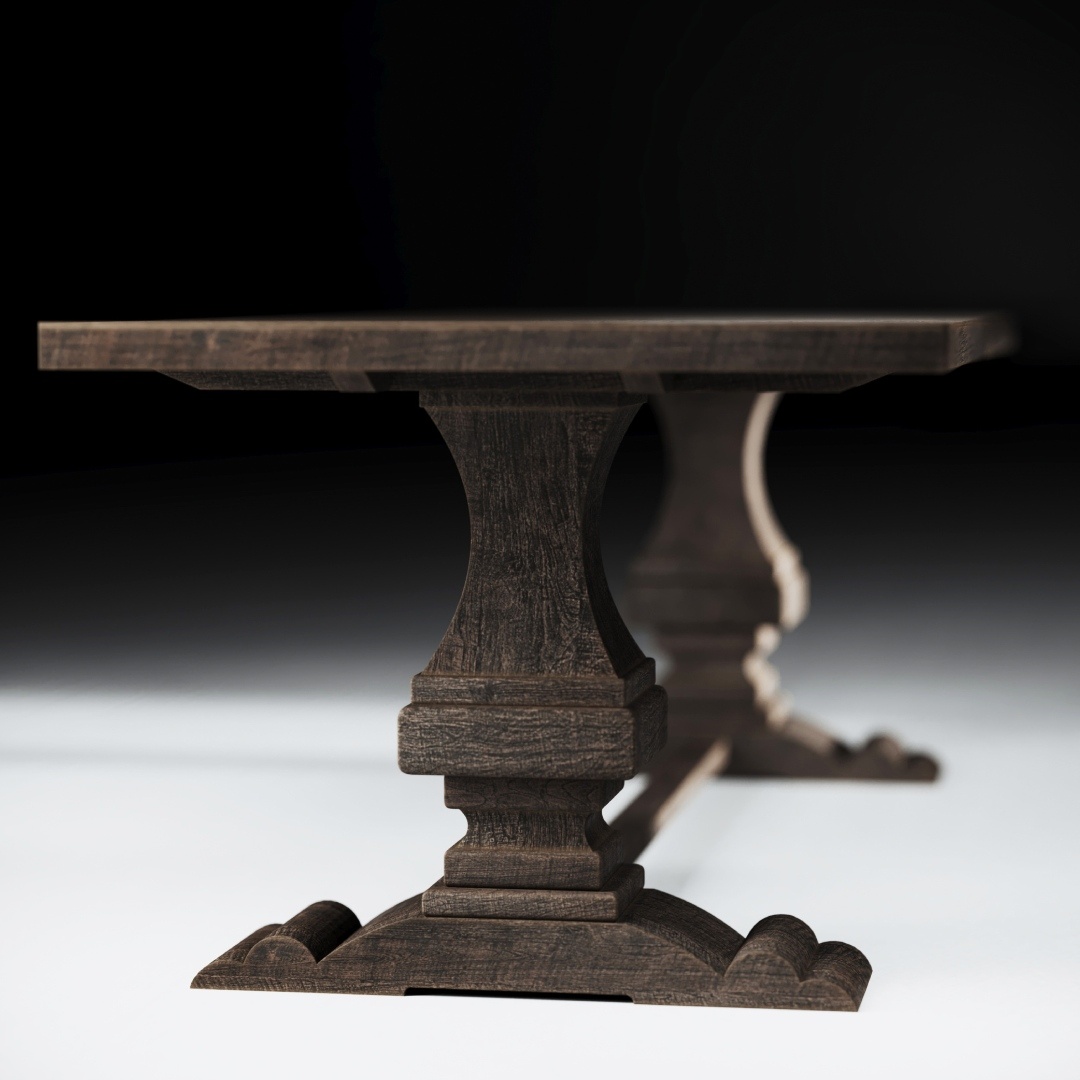 CASTELLO DINING TABLE - Cafe Noire Finish - 4 The Castello Dining Table - Café Noire features a dark wooden rectangular top and two intricately carved pedestal legs, set against a plain background.