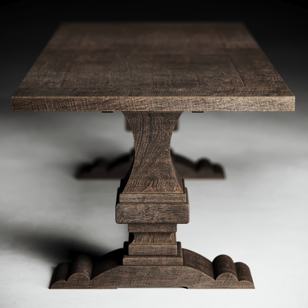 CASTELLO DINING TABLE - Cafe Noire Finish - 5 A detailed view of the Castello Dining Table - Café Noire, featuring intricately carved legs and a rich dark polished finish, standing on a light-colored surface.