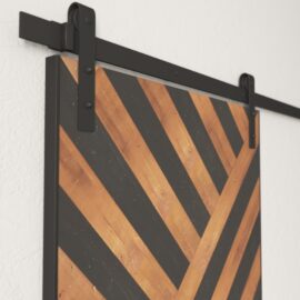 A close-up of the Celestia Reclaimed Wood Barn Door (Espresso) featuring a wooden chevron pattern and black metal hardware, mounted on a white wall.