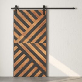 The Celestia Reclaimed Wood Barn Door (Espresso) comes with a black metal track and showcases a geometric pattern of alternating light and dark wood stripes.