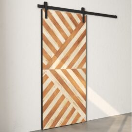 The Celestia Reclaimed Wood Barn Door (White), featuring a diagonal stripe design in varying shades of brown and cream, is set against a plain, light-colored wall.