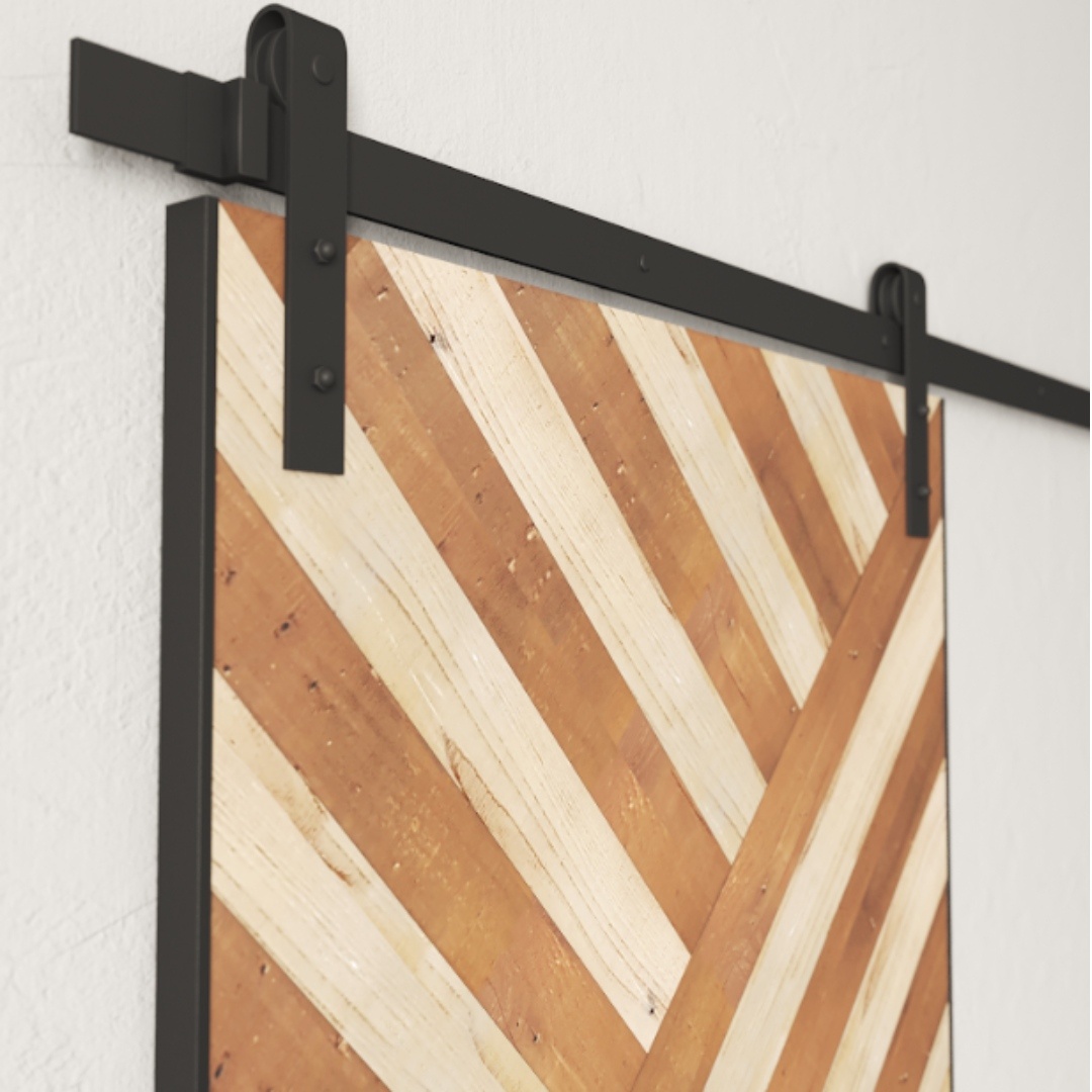 Close-up of the Celestia Reclaimed Wood Barn Door (White) featuring a herringbone pattern and black metal hardware, mounted on a white wall.