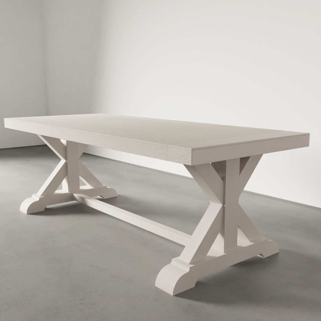 Madera Dining Table (Pure White) – 3 The Madera Dining Table - Pure White, a large rectangular wooden piece with X-shaped legs and a crossbar, stands on a gray concrete floor in a minimalist room.
