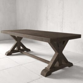 The Madera Dining Table - Café Noire, a rectangular wooden table with a dark finish, featuring X-shaped legs and a central support beam, is placed in a minimalist white room.