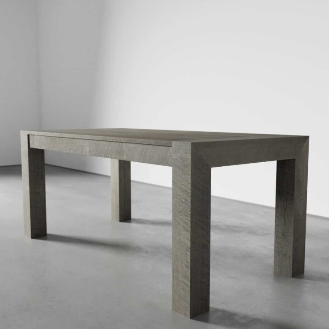 Villa Dining Table ( Bleached Grey) 60 – 3 A Villa Dining Table - Rustic Grey with clean, modern lines stands on a smooth, grey floor in a room with plain white walls.