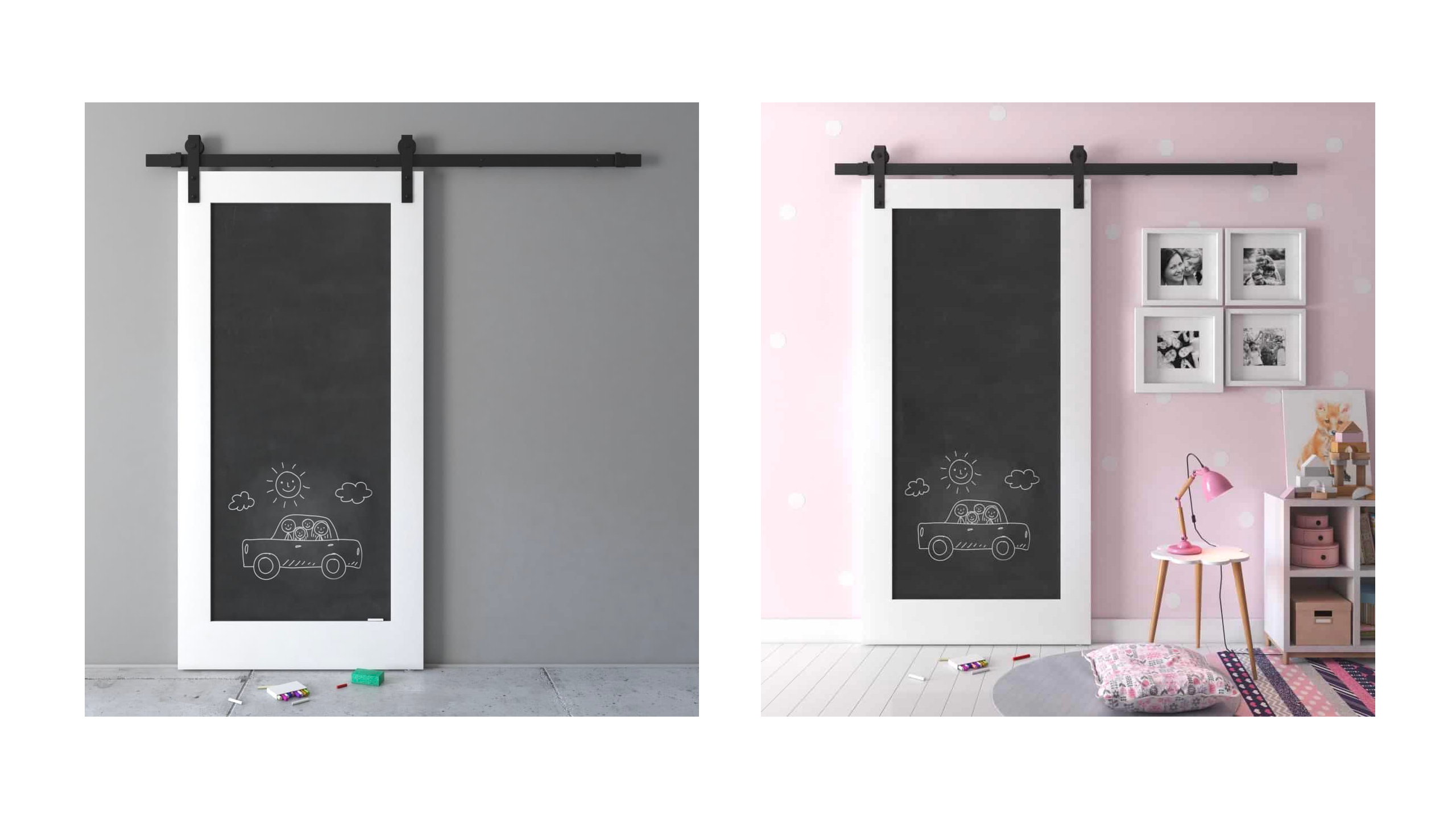 Two rooms with sliding chalkboards. The left room has a grey wall and the right has a pink polka dot wall. Both chalkboards have drawings of a car, sun, and clouds. Right room includes decor and furniture.