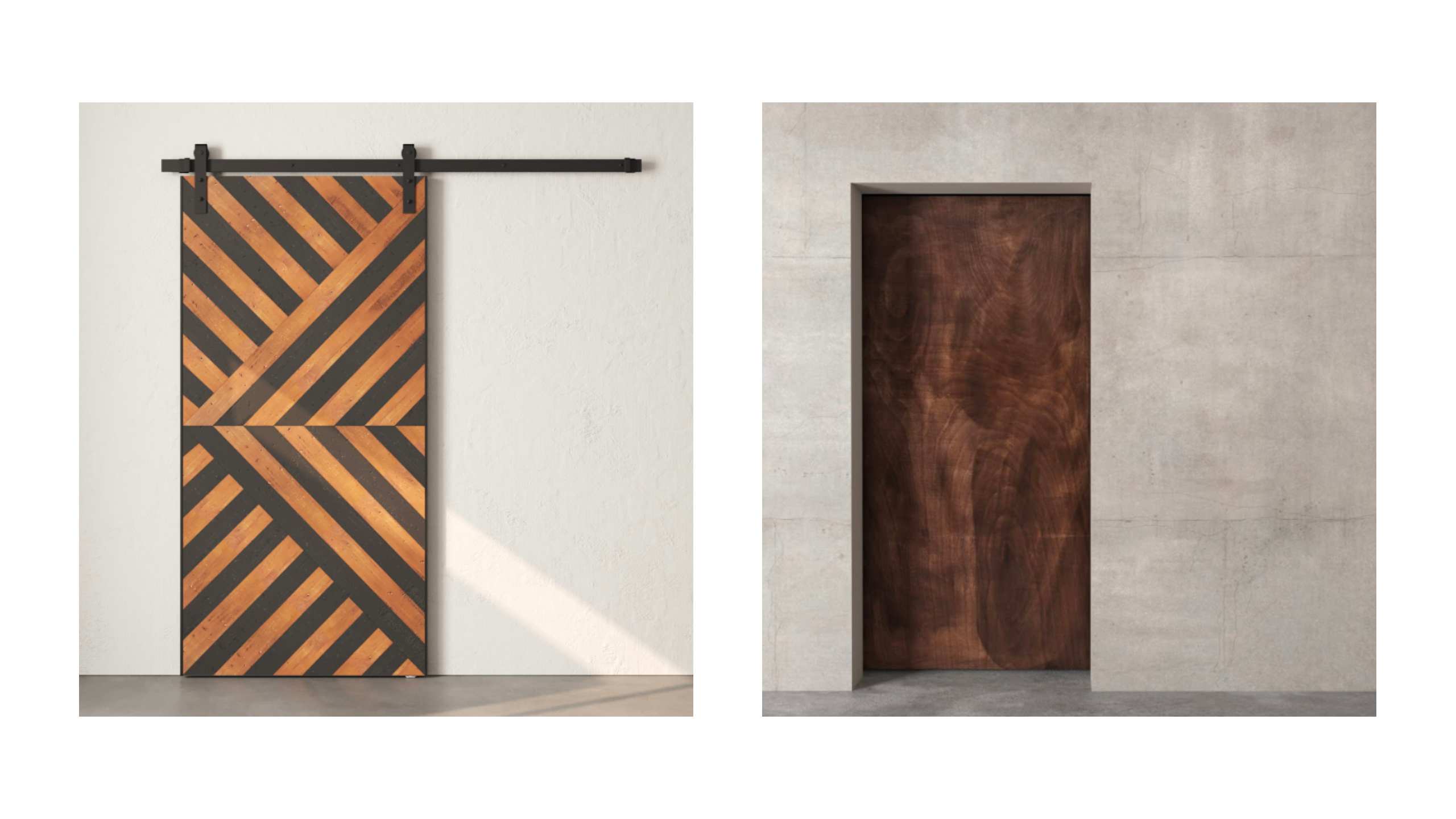 Side-by-side images of a sliding door with a geometric wooden pattern (left) and a plain wooden door set in a concrete wall (right).