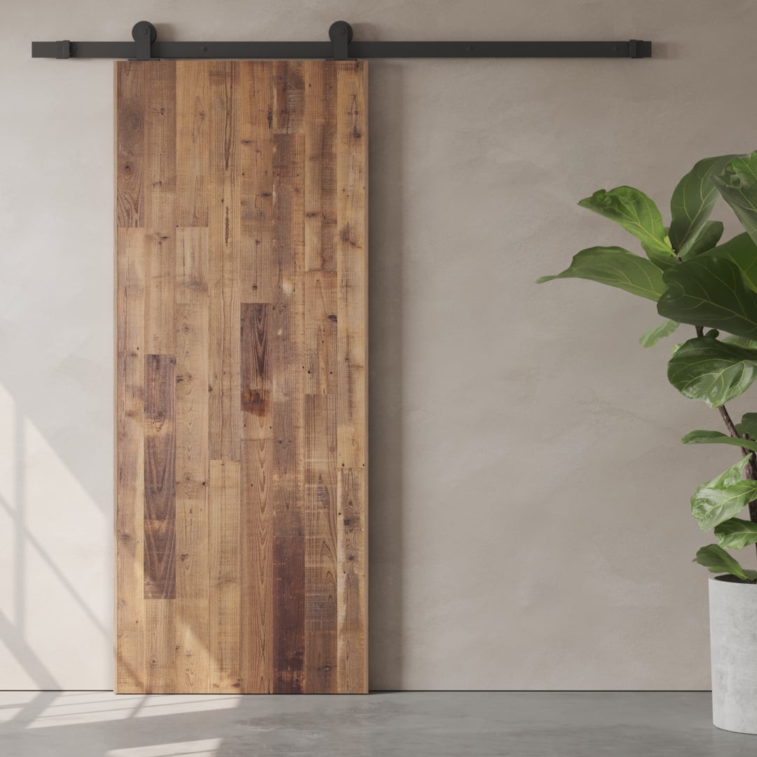 A Vertical Door Slab is installed against a beige wall next to a large green potted plant.